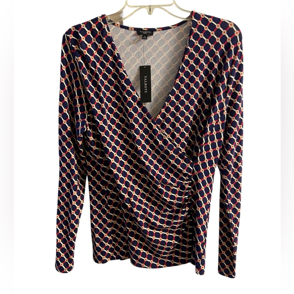 Talbots navy red trellis dot print surplice long sleeve blouse Large petite NWT - Picture 2 of 8